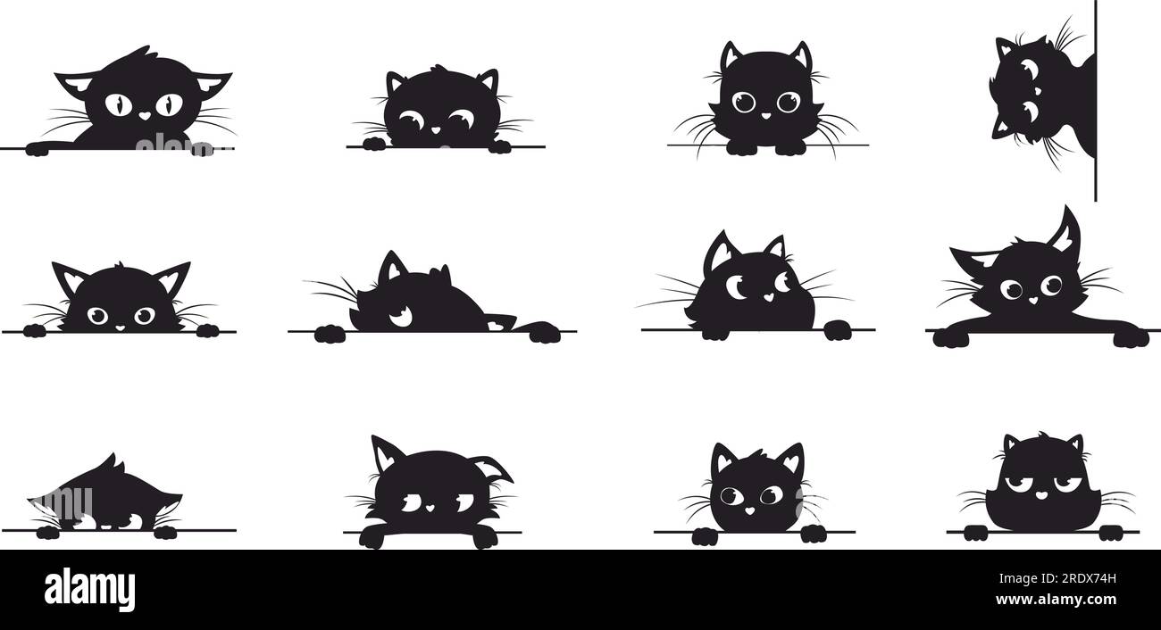 Schwarze Katze guckt, spioniert Katzen aus der Ecke. Kreative grafische Silhouetten mit großen Augen. Guck dir die Kätzchen an, die aussehen und ein verspielter, kuscheliger Vektor sind Stock Vektor