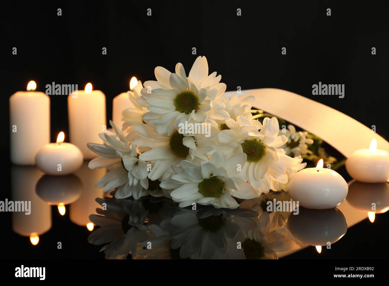 Weiße Chrysanthemblüten und brennende Kerzen auf schwarzer Spiegeloberfläche bei Dunkelheit. Begräbnissymbole Stockfoto