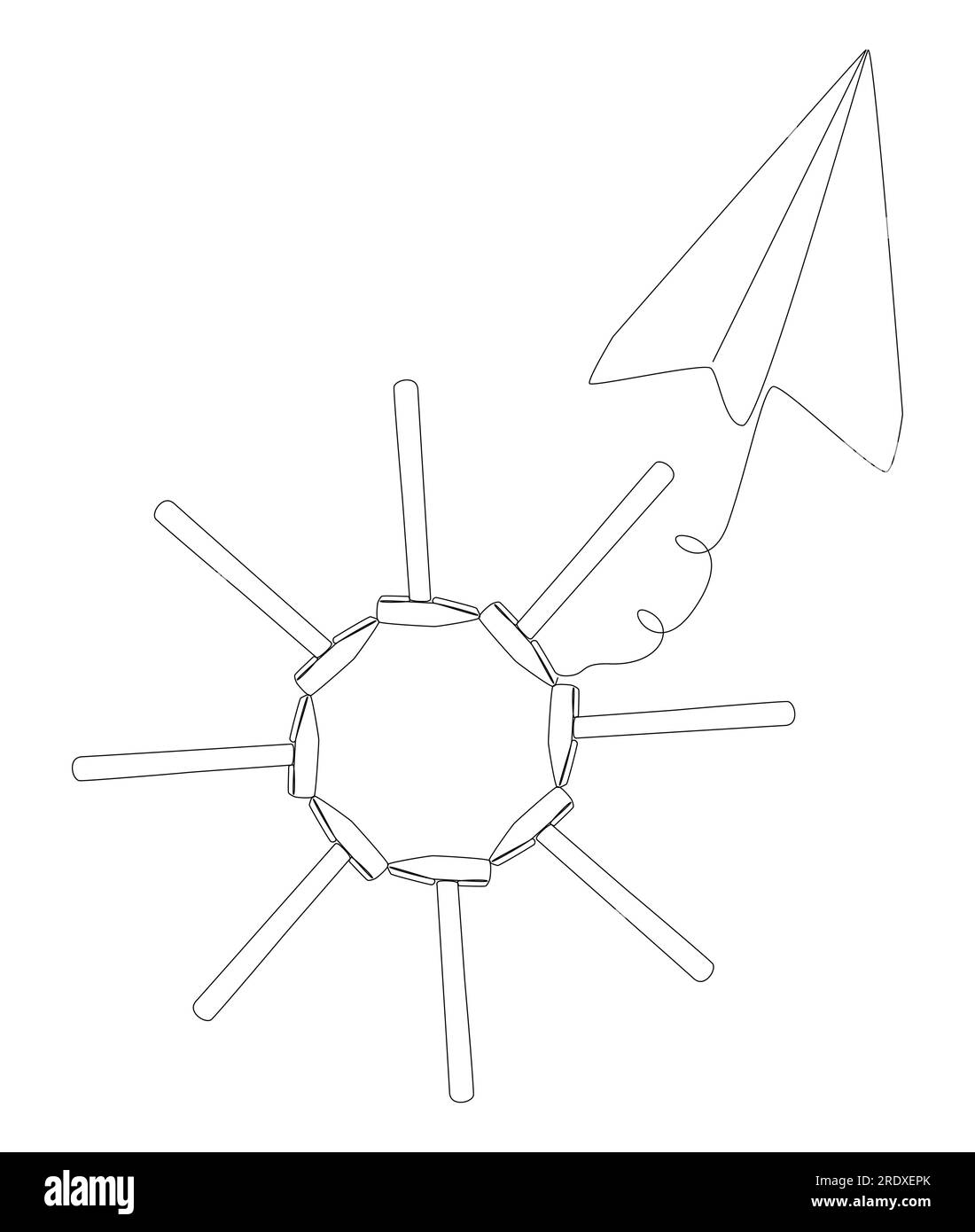 Eine durchgängige Linie von Paper Airplane mit Hammer. Vektorkonzept zur Darstellung dünner Linien. Kontur Zeichnen kreativer Ideen. Stock Vektor