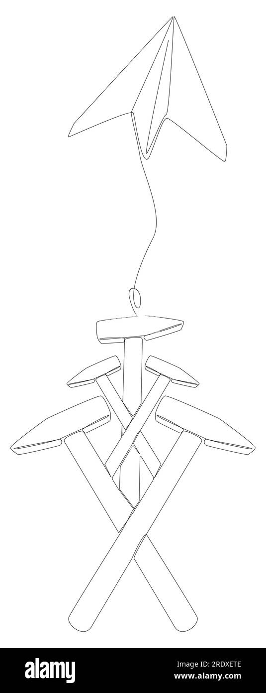 Eine durchgängige Linie von Paper Airplane mit Hammer. Vektorkonzept zur Darstellung dünner Linien. Kontur Zeichnen kreativer Ideen. Stock Vektor