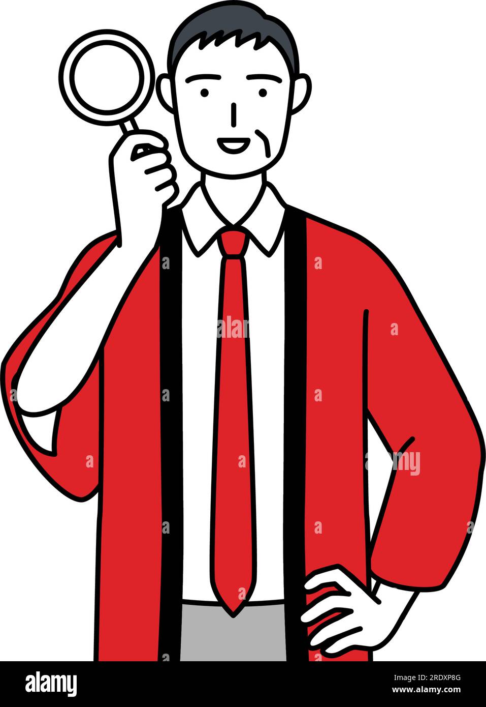 Ein älterer Mann in einem roten Happi-Mantel, der durch eine Lupe schaut, Vektor-Illustration Stock Vektor