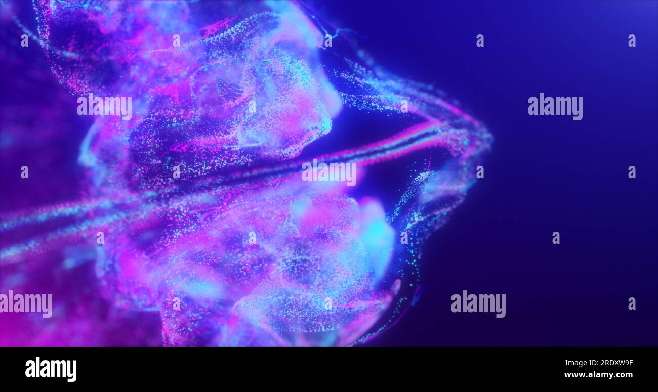 Abstrakte Flüssigkeitsexplosion schillernde violette Wellen glühende Energie magisch mit Unschärfe-Effekt in flüssigem Wasser. Abstrakter Hintergrund. Stockfoto