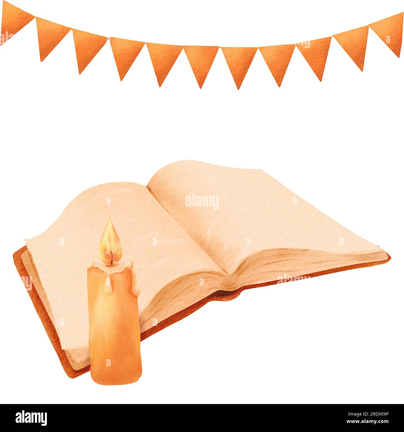 Buchset mit Kerze, orangefarbener Girlande. Isolierte Aquarelldarstellung. Ruhe, Entspannung, Meditation. Halloween. Handgezeichnete Skizze. Stockfoto
