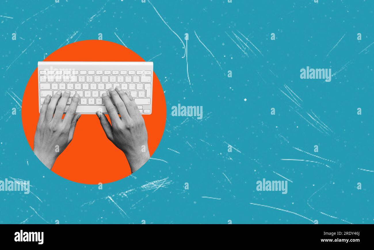 Collage für zeitgenössische Kunst. Kreatives Design. Weibliche Hände, die auf einer Computertastatur tippen. Massenmedien, Journalismus, Wirtschaft. Konzept des Surrealismus, Nachrichten, Stockfoto