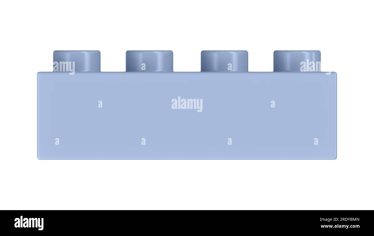 Chambray Blue Lego Block isoliert auf weißem Hintergrund. Nahaufnahme eines Plastic Children Game Bricks für Baumeister, Vorderansicht. Hochwertiges 3D-Rendering mit Arbeitspfad. 8K Ultra HD, 7680 x 4320 Stockfoto