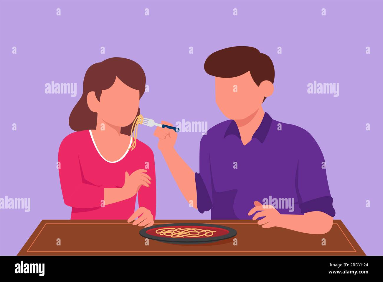 Cartoon-Figur, die ein fröhliches Paar zeichnet, das Ramen isst. Mann und Frau im Ramen laden romantisches Date-Dinner ein. Man sitzt am Tisch und isst frische asiatische Küche. Nein Stockfoto