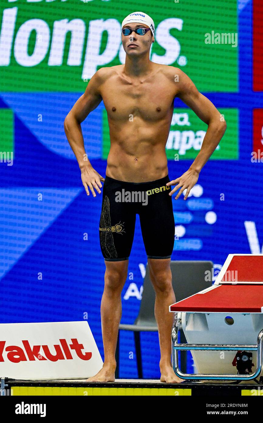 Fukuoka, Japan. 24. Juli 2023. David Popovici aus Rumänien nimmt an den Herren-Freestyle-200m-Läufen während der Wasserweltmeisterschaft 20. in der Marine Messe Hall A in Fukuoka (Japan) am 24. Juli 2023 Teil. Kredit: Insidefoto di andrea staccioli/Alamy Live News Stockfoto