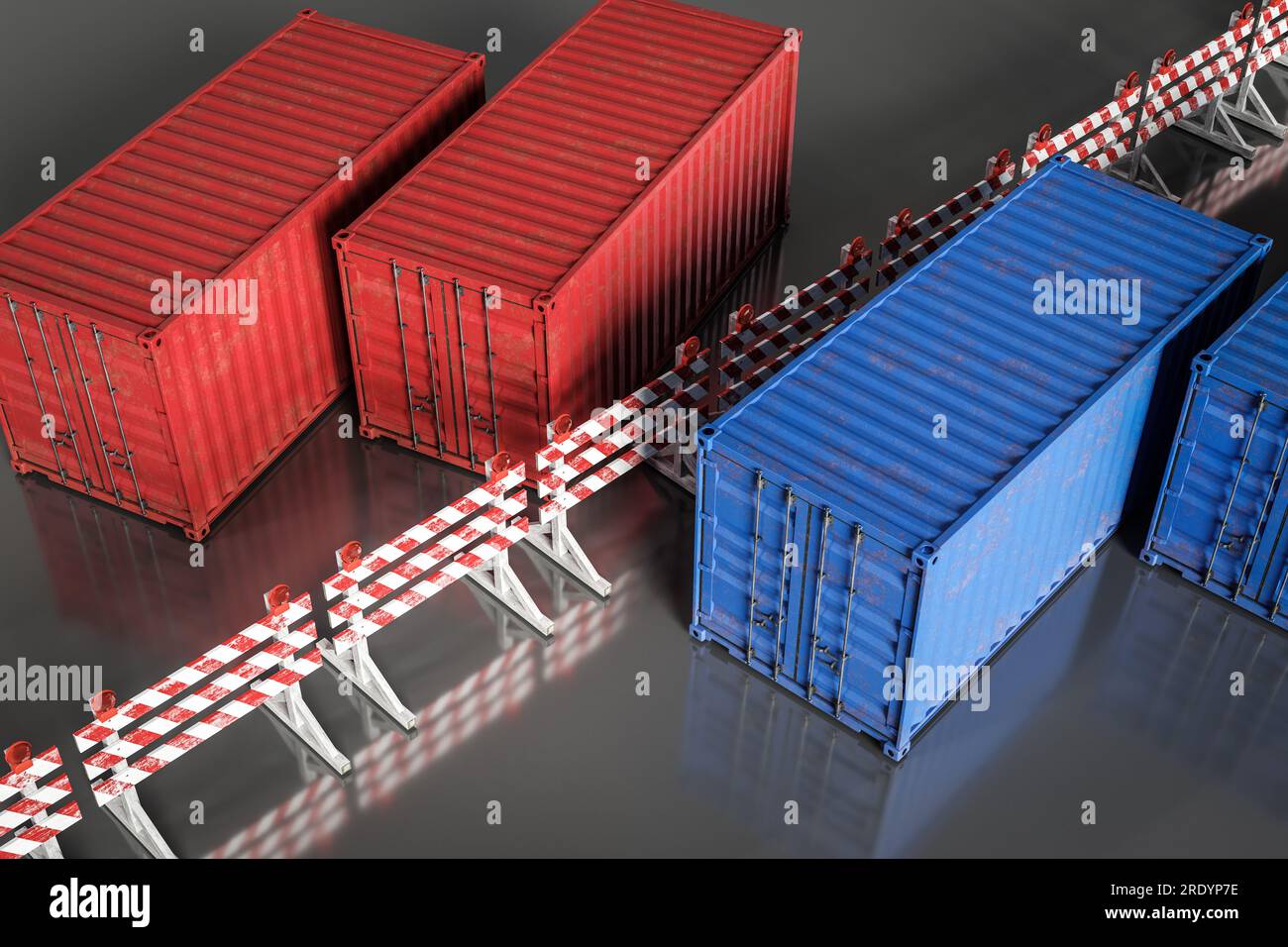 Konzeptioneller Hintergrund von Handelskriegen, die durch Handelshemmnisse zwischen Ländern verursacht wurden, 3D-Darstellung Stockfoto