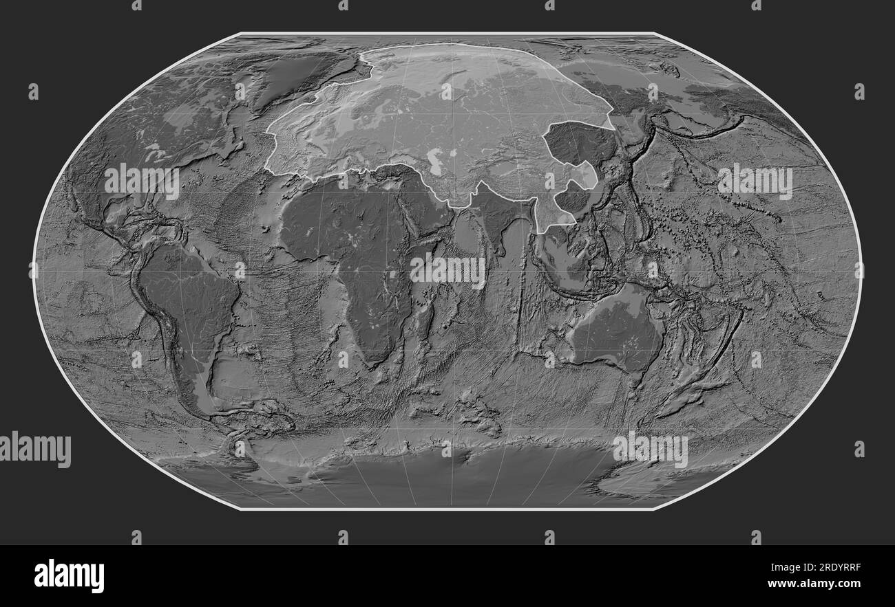 Die eurasische tektonische Platte auf der Bilevel-Elevationskarte in der meridional zentrierten Kavrayskiy VII-Projektion. Stockfoto