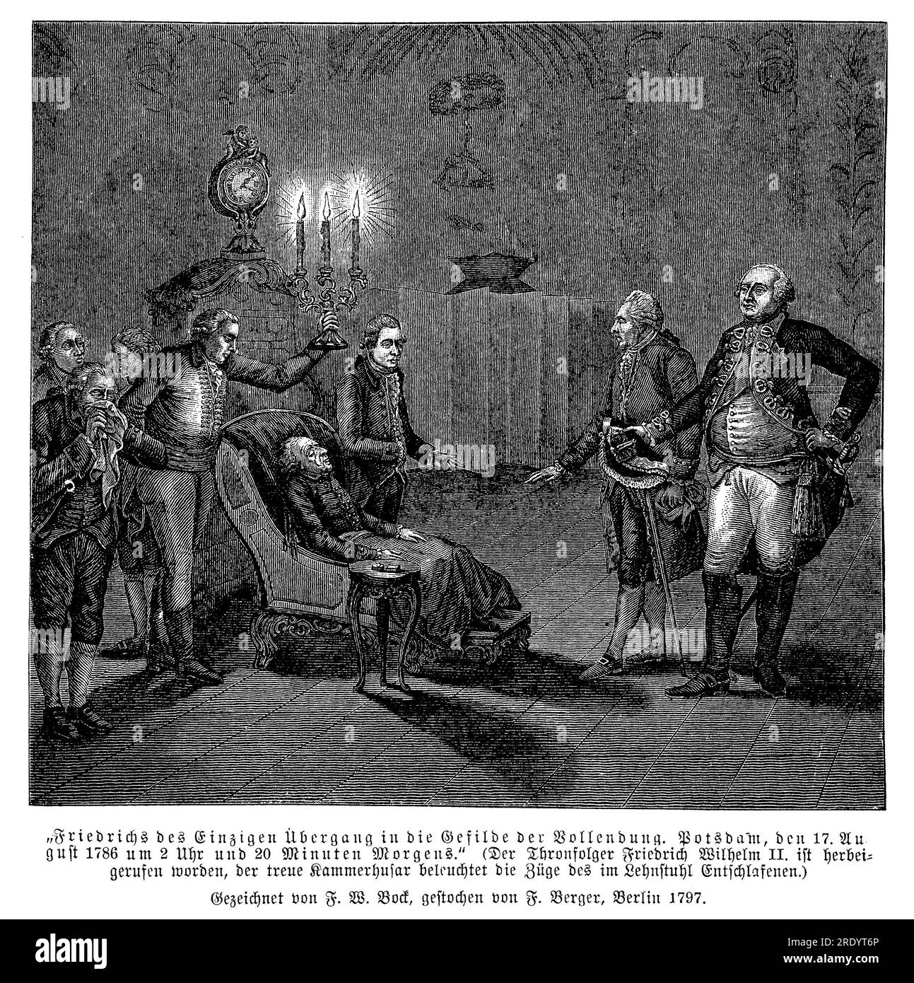 Tod von Friedrich dem Großen in Potsdam am 17. August 1786, sein Thronerbe Frederick William II. Ist seine Seite. Stockfoto
