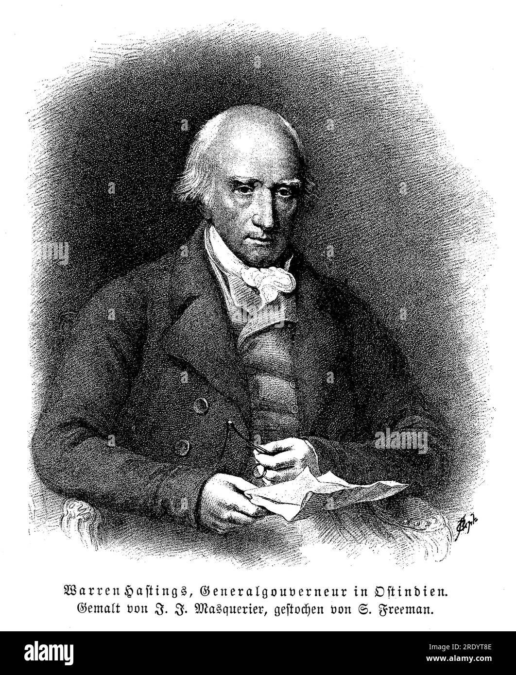Warren Hastings (1732-1818) war ein britischer Kolonialverwalter, der von 1772 bis 1785 als erster Generalgouverneur von Bengal tätig war. Er spielte eine entscheidende Rolle in der frühen Regierung von Britisch-Indien. Unter seiner Führung versuchte Hastings, die Herrschaft der East India Company in Bengal zu stabilisieren und zu reformieren Stockfoto