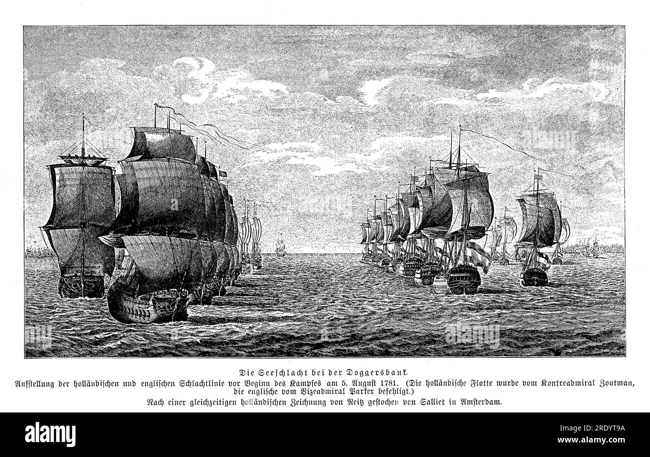 Die Schlacht um die Dogger Bank fand am 5. August 1781 während des Vierten angloniederländischen Krieges statt. Es war ein Marineeinsatz zwischen der britischen Royal Navy und der niederländischen Navy in den Gewässern der Nordsee in der Nähe der Dogger Bank.Trotz einer tapferen Verteidigung der Niederländer waren sie letztlich in der Überzahl und in der Überzahl. Stockfoto