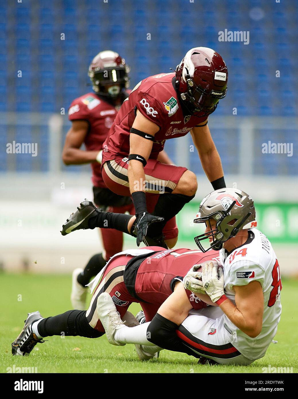 DUISBURG, DEUTSCHLAND - 23.07.23: EUROPÄISCHE FUSSBALLLIGA. Spielen Sie Rhein Fire gegen die Kölner Centurions in der Schauinsland-Reisen-Arena Stockfoto