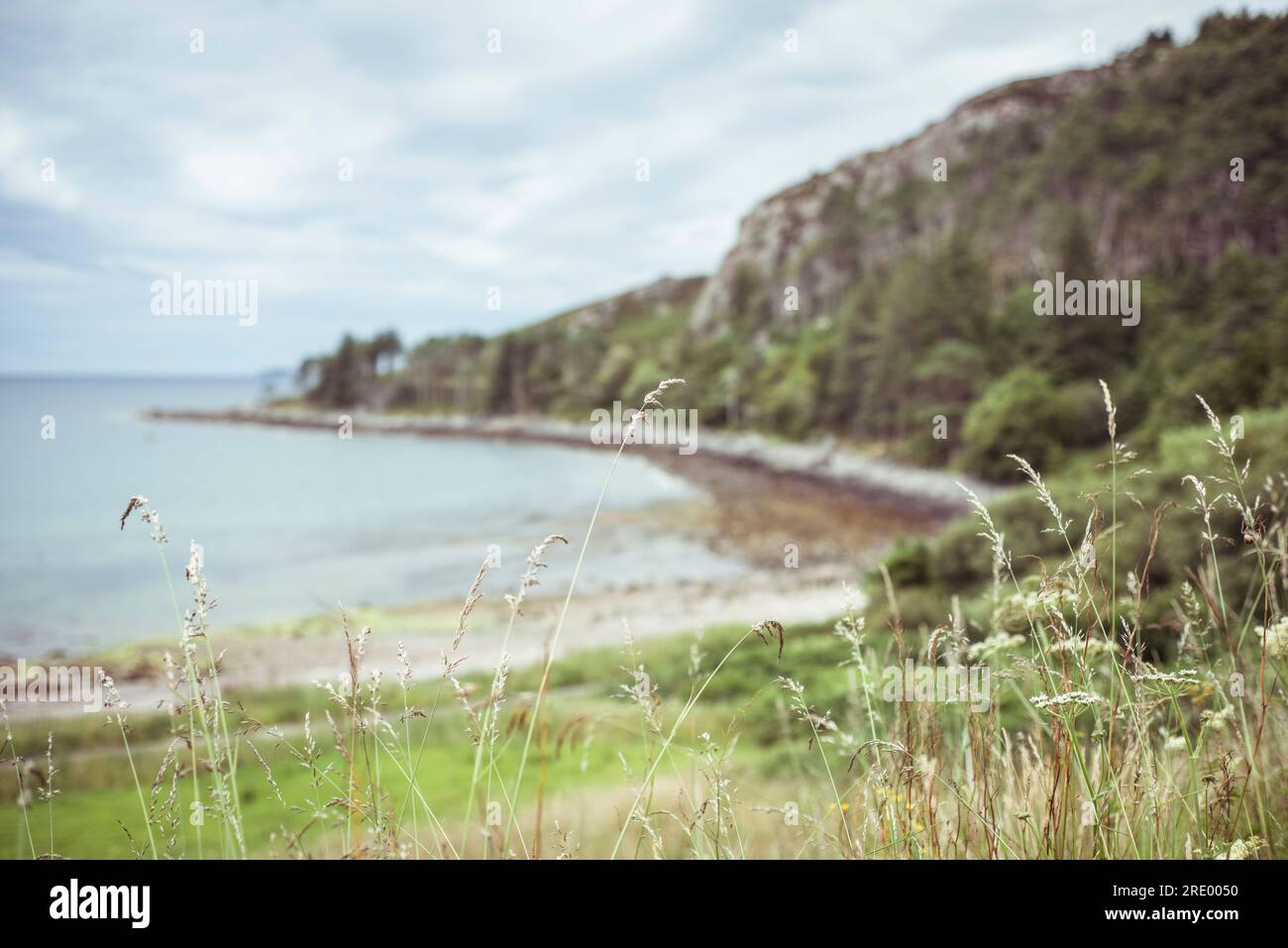 Wunderschöne blaue Bucht in schottland mit Klippen und Gras im Vordergrund Stockfoto