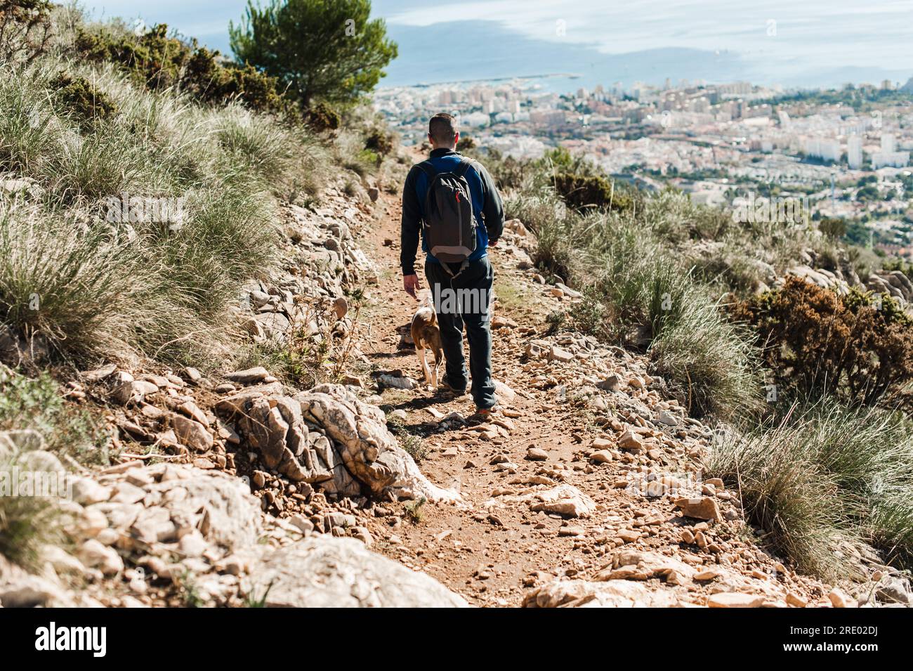 Ein Mann, der mit Hunden den Weg hinuntergeht und die Stadt und die Küste von Malaga überblickt Stockfoto
