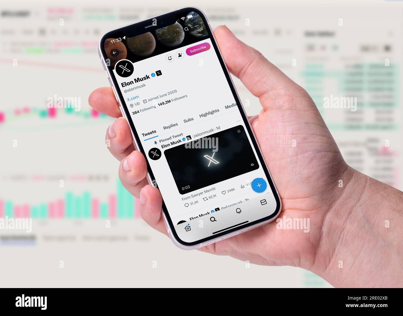 Antalya, Türkei - 24. Juli 2023: Homepage des Elon Musk Twitter X-Kontos mit Twitter X-Logo auf dem Smartphone Stockfoto