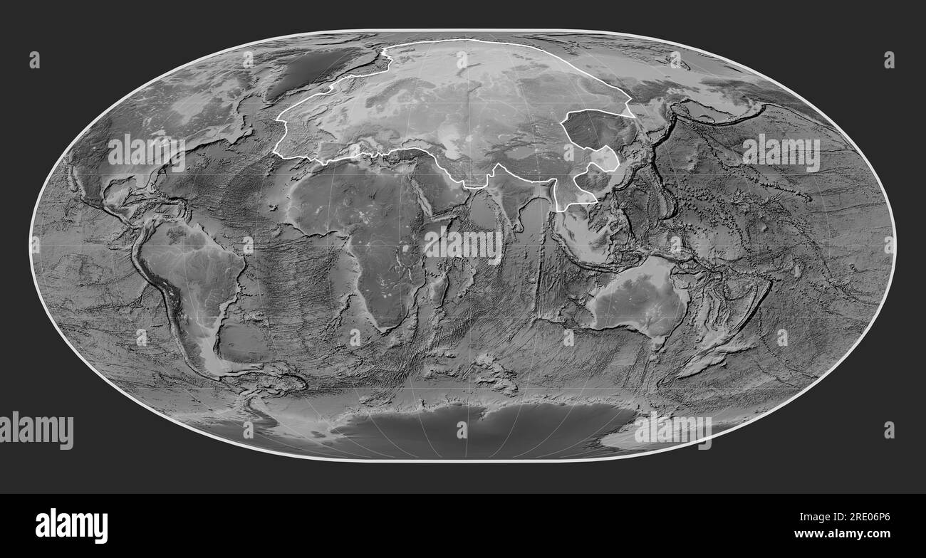 Eurasische tektonische Platte auf der Grauskala-Elevationskarte in der meridional zentrierten loximuthalen Projektion. Stockfoto