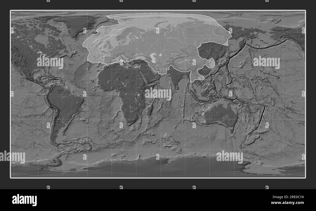 Die eurasische tektonische Platte auf der Bilevel-Elevationskarte in der meridional zentrierten zylindrischen Projektion nach Patterson. Stockfoto