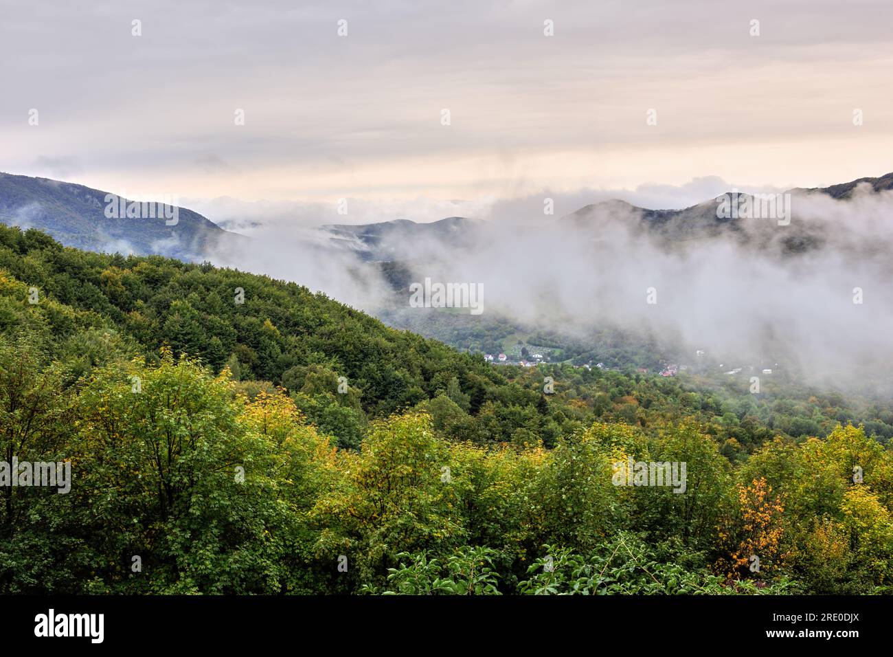 Herbstliche Berglandschaft mit Wald bei Sonnenaufgang. Nebeliger Morgen, rollender Nebel in einem Tal mit Häusern. Wolkiger Himmel. Mojtin, Slowakei Stockfoto