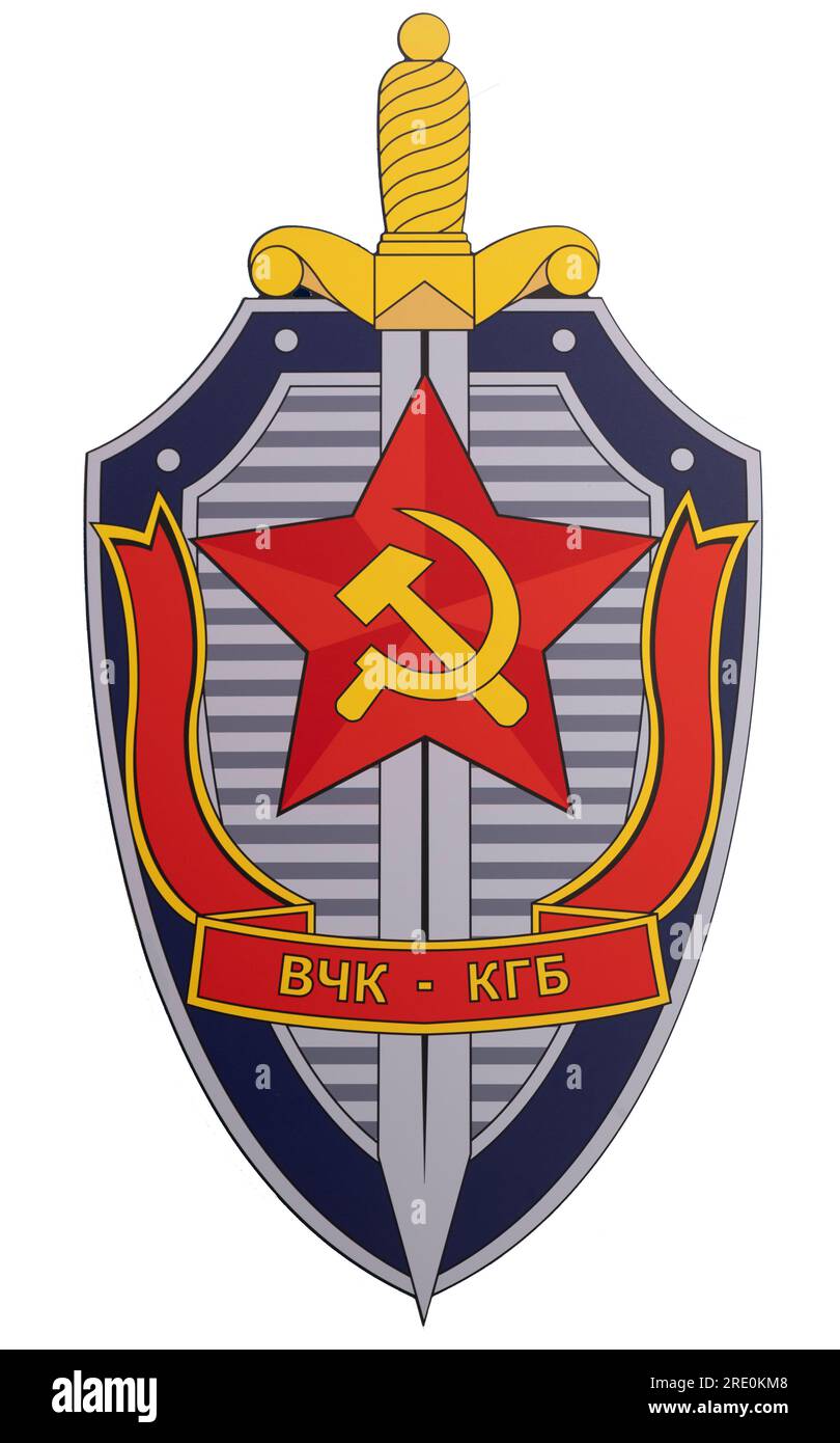 Wappen des Staatssicherheitskomitees der UdSSR (KGB, КГБ). Isoliert auf weißem Hintergrund Stockfoto