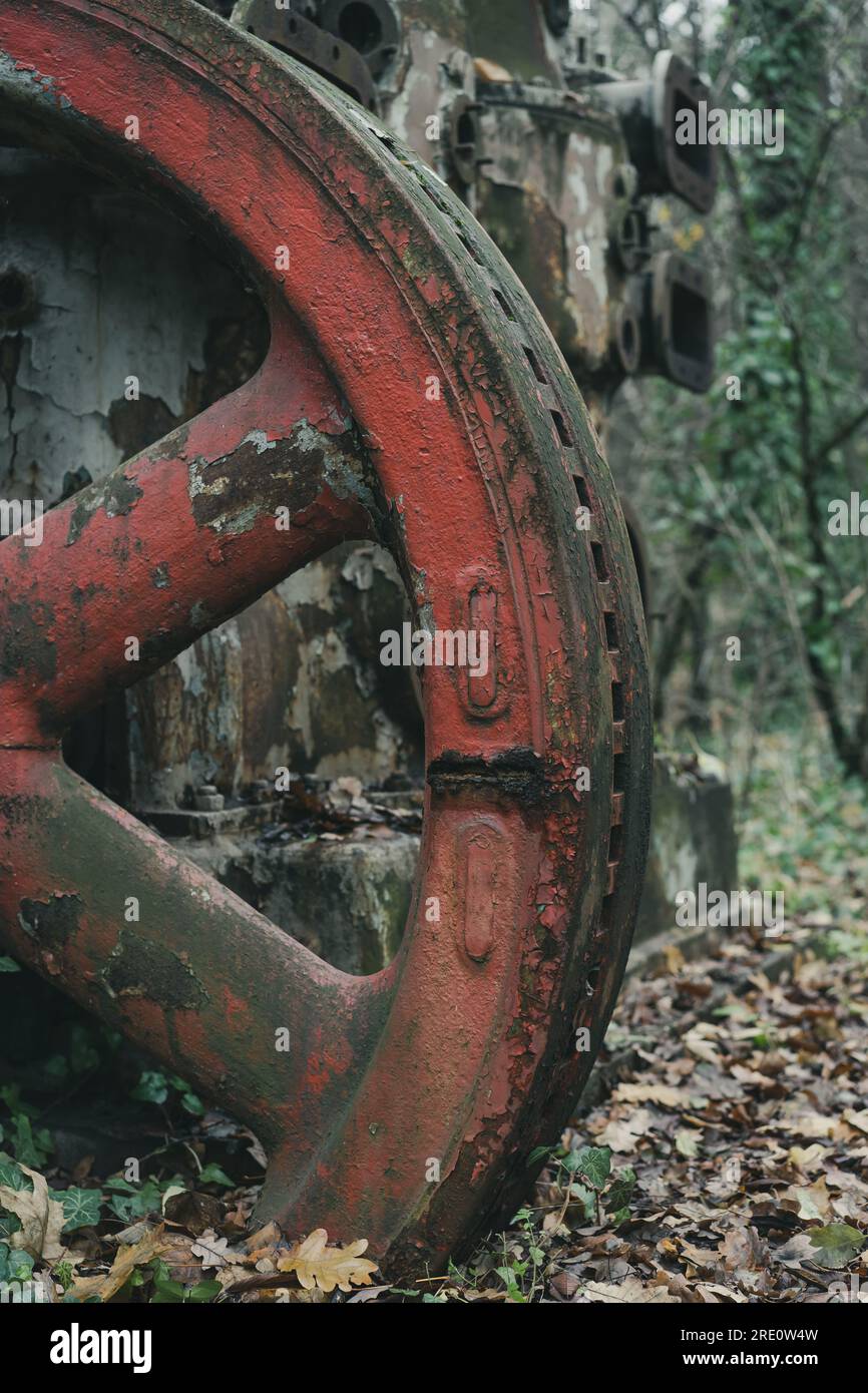 Detail des roten Rads eines alten verrosteten Luftkompressors im Wald. Industrielle Geschichtsmaschine. Eisen- und Stahlproduktion. Verlassene Maschinen. Stockfoto