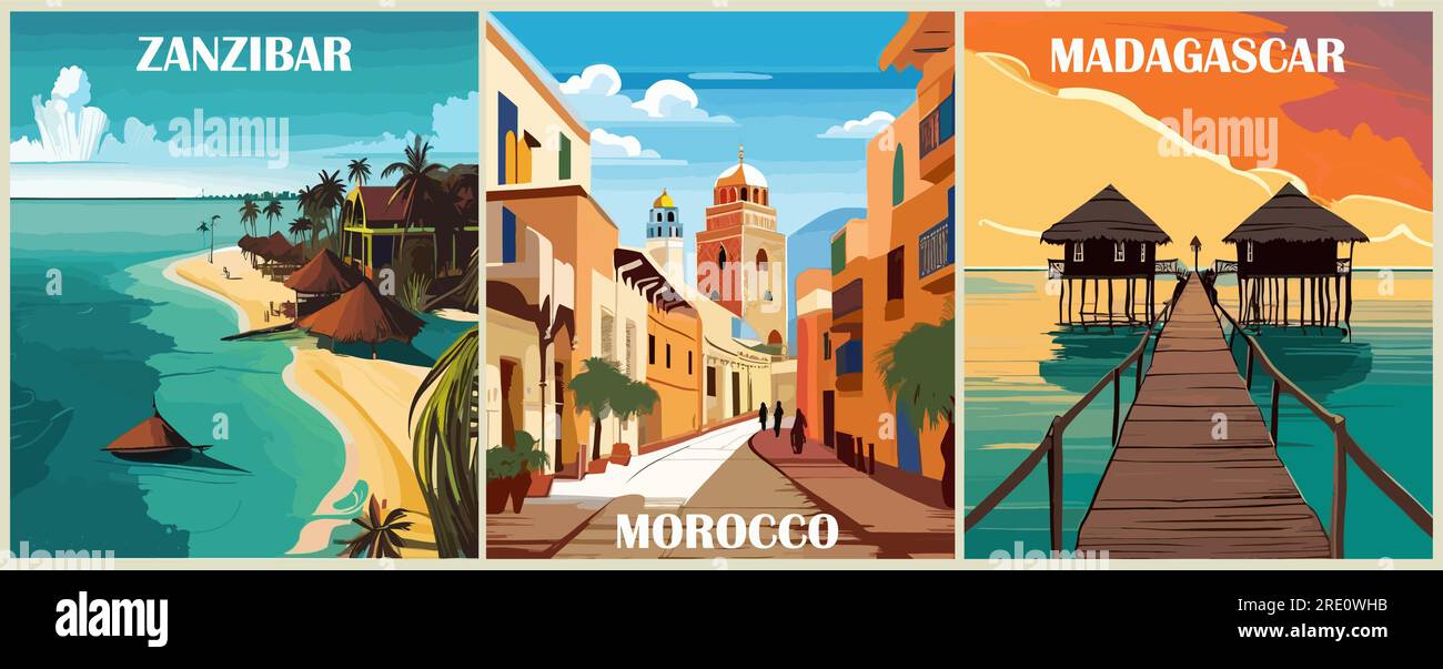 Set von „Travel Destination“-Postern Vektorgrafiken. Stock Vektor