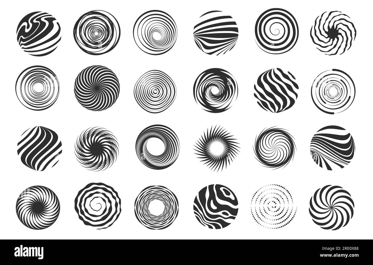Wirbele die Figur. Abstrakte Spiralbewegung und hypnotisches Wirbel-, Wirbel- und Wirbel-dynamisches Icon-Design. Vektor-Tornado-Spiralsymbole gesetzt Stock Vektor