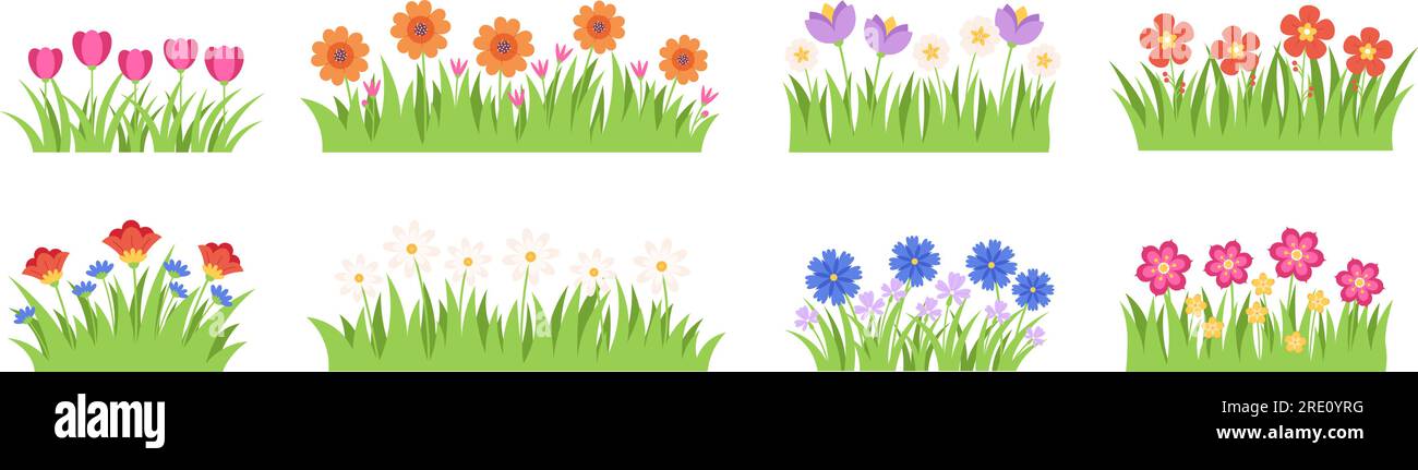Flache Gartenblumen in Gras, Tulpen und Kamillenblüten. Gartenpflanzen, Blumenränder oder Wiesenelemente. Isolierte Razzien-Vektorsammlung Stock Vektor