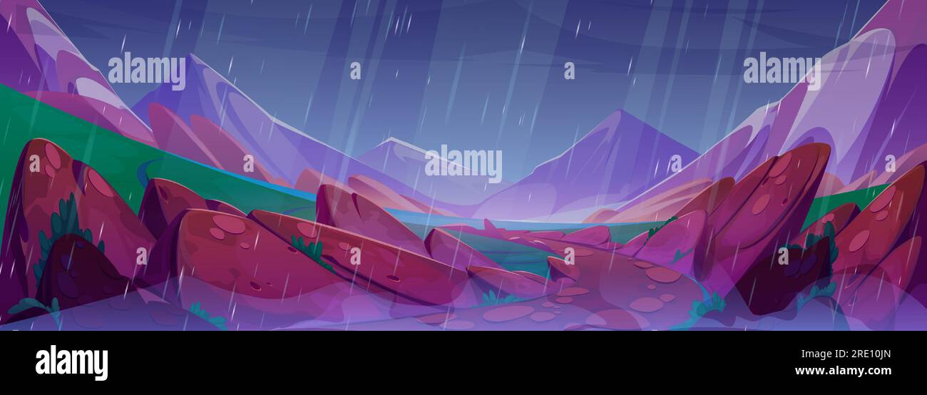 Regnerisches Wetter in Bergen mit Tal-Fluss. Vektor-Cartoon-Illustration von Regenfällen, die vom düsteren wolkigen Himmel, Pfützen und Wasserströmen auf einem steinernen Fußweg und nassem grünen Gras strömen. Naturlandschaft Stock Vektor