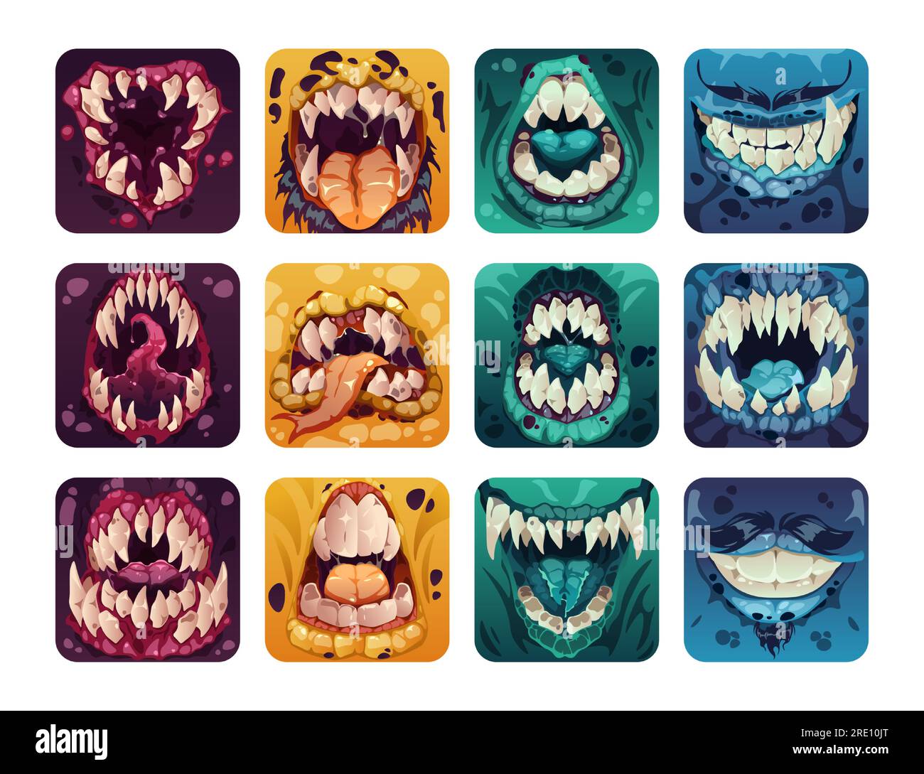 Logo für gruseligen Mund. Gruselige, farbenfrohe Monsterzähne im Cartoon-Stil, komische Horror-Alien-Zombie-Lächelzunge für GUI-Elemente im Spieldesign. Vektor-Fantasie-Set Stock Vektor