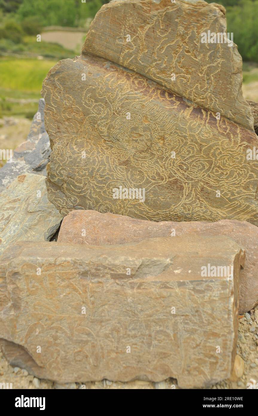 Heilige buddhistische geschnitzte Steine in Ladakh Stockfoto