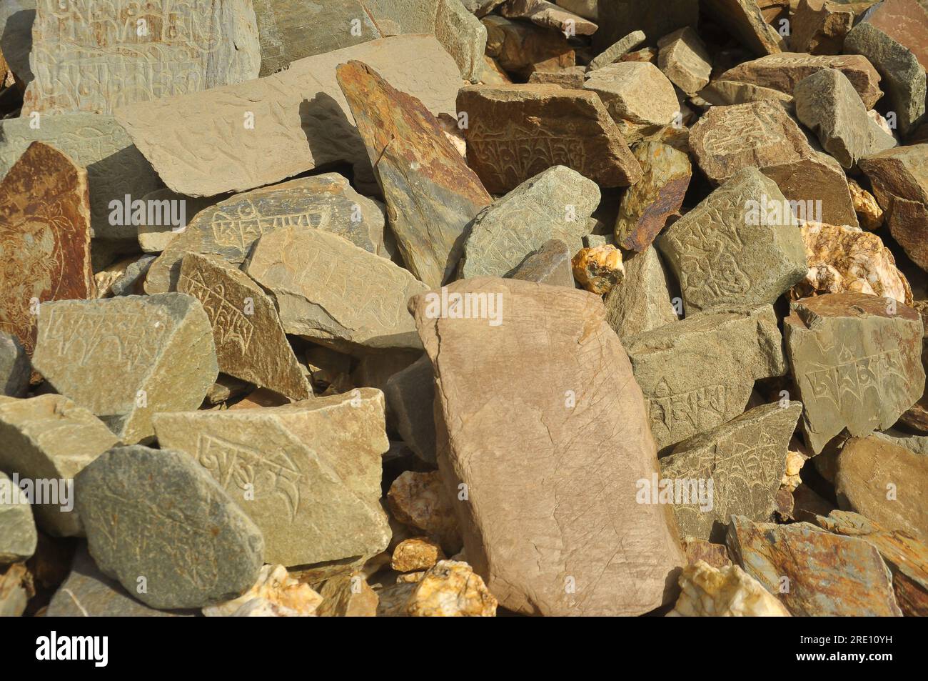 Eingravierte Steine mit tibetischem buddhistischem Mantra in einem Dorf in Padum, Zanskar Valley, Ladakh, INDIEN Stockfoto