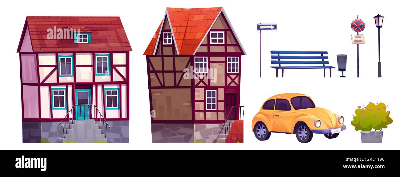 Mittelalterliches altdeutschland-Straßengebäude. europäisches Stadthaus und bayerisches Steingebäude in der Nähe von Straßenvektorlandschaft. Historisches deutsches Herrenhaus und Retro-Auto isolierter Clipart auf weißem Hintergrund Stock Vektor