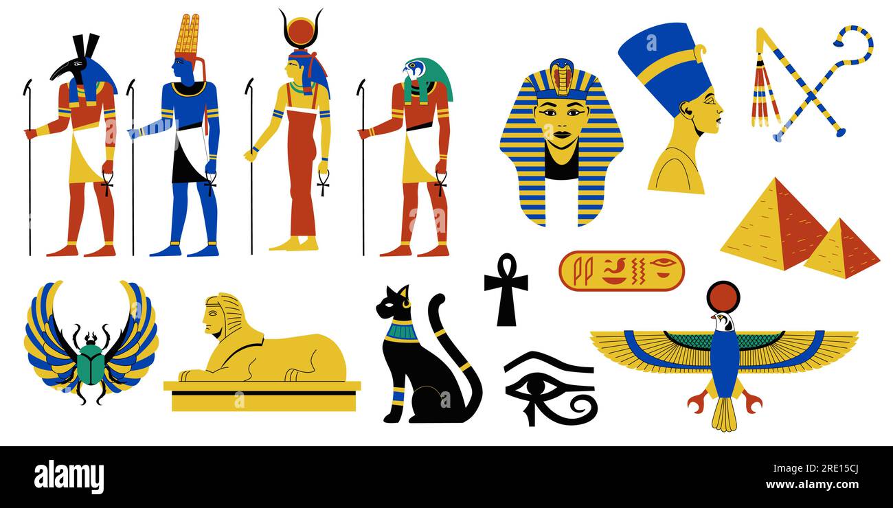 Ägyptische Mythologie-Sammlung. Alte ägyptische Religion und Archäologie, Hieroglyphen-Symbole alter Pharaonen-Götter und Göttinnen. Vektorsatz Stock Vektor
