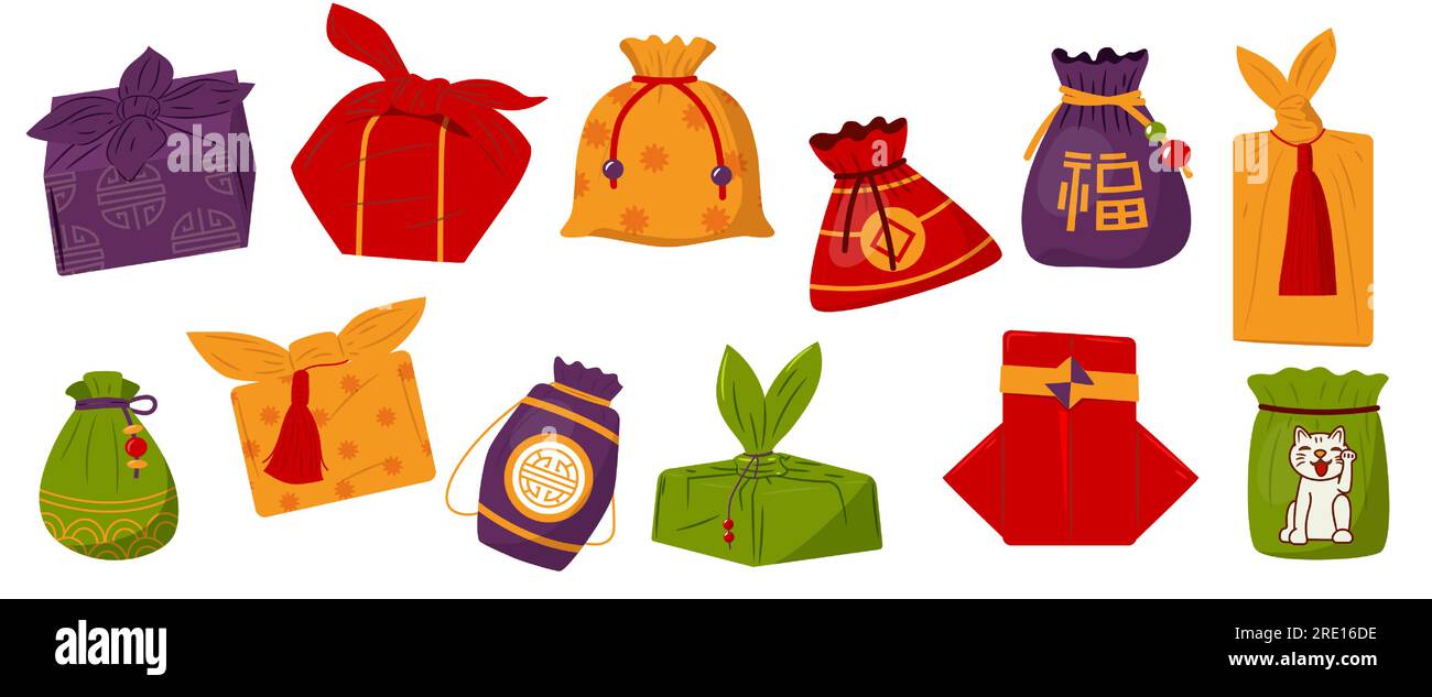 Asiatische Geschenkverpackung. Koreanische Geschenkbox für traditionelles Kunsthandwerk mit Bändern, farbenfrohe japanische Geschenktütenpackung für Feiertage. Vektorsatz Stock Vektor