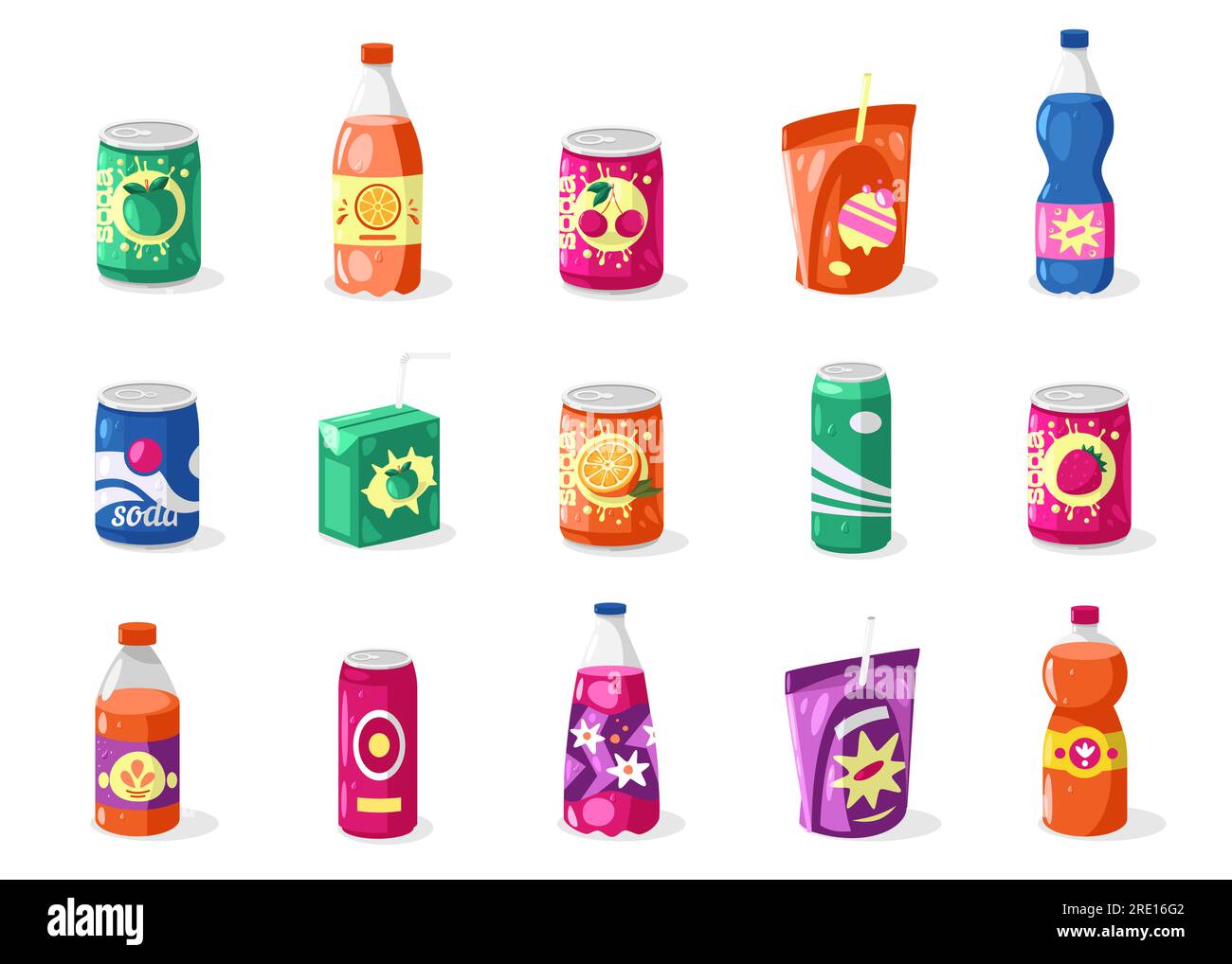 Getränke in Flaschen und Dosen. Cartoon Aluminium, Glas und Plastikdosen mit verschiedenen Getränken, Energy Drink, Alkohol, alkoholische Getränke Stock Vektor