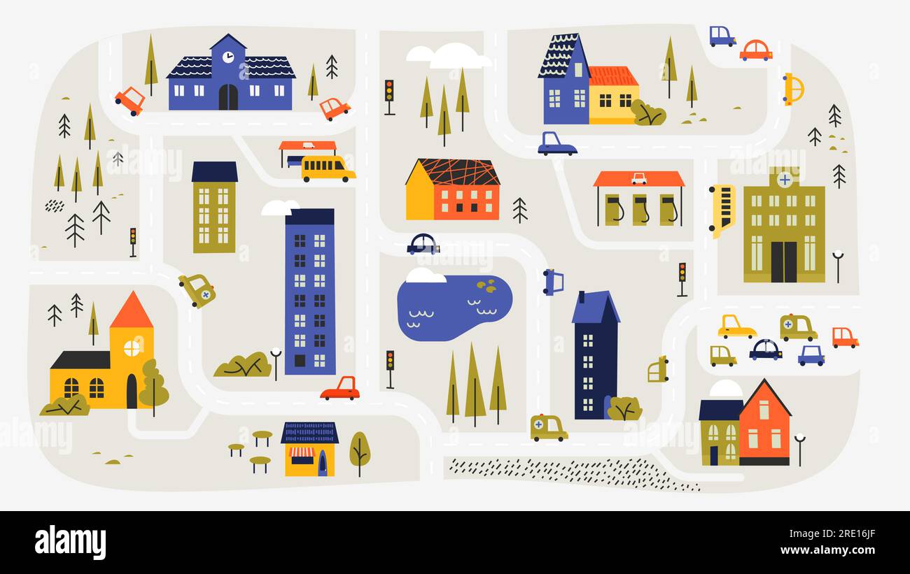 Süßer Stadtplan. Kinderstrasse mit Gebäuden und Bäumen, hübsche Dorflandschaft mit Häusern und Autos. Vector Cartoon Community Straßenplan Stock Vektor