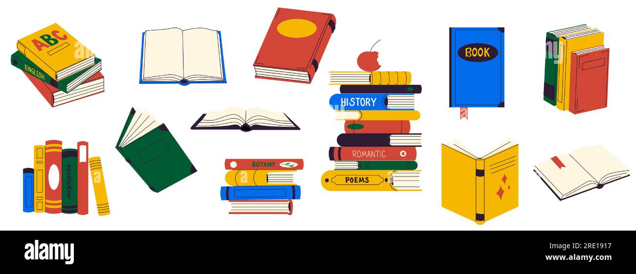 Büchersammlung. Cartoon-Bibliothek mit Fiktions- und Sachbüchern, Studien- und Schulbedarf organisiert und gestapelt. Vektorsatz Stock Vektor