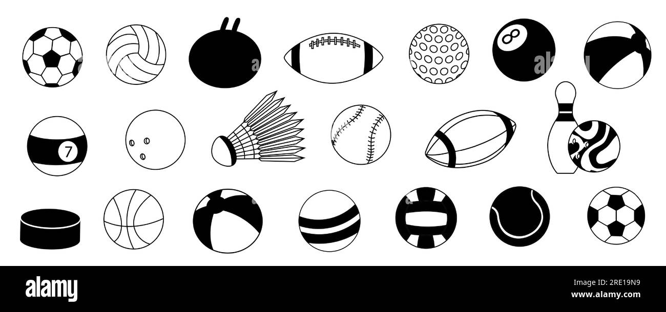 Sportball-Ikonen. Flache Silhouette des Cartoon-Spielballs, Fußball-Baseball-Streetball und Volleyball-Symbole in Schwarz. Vektor isolierte Sammlung Stock Vektor