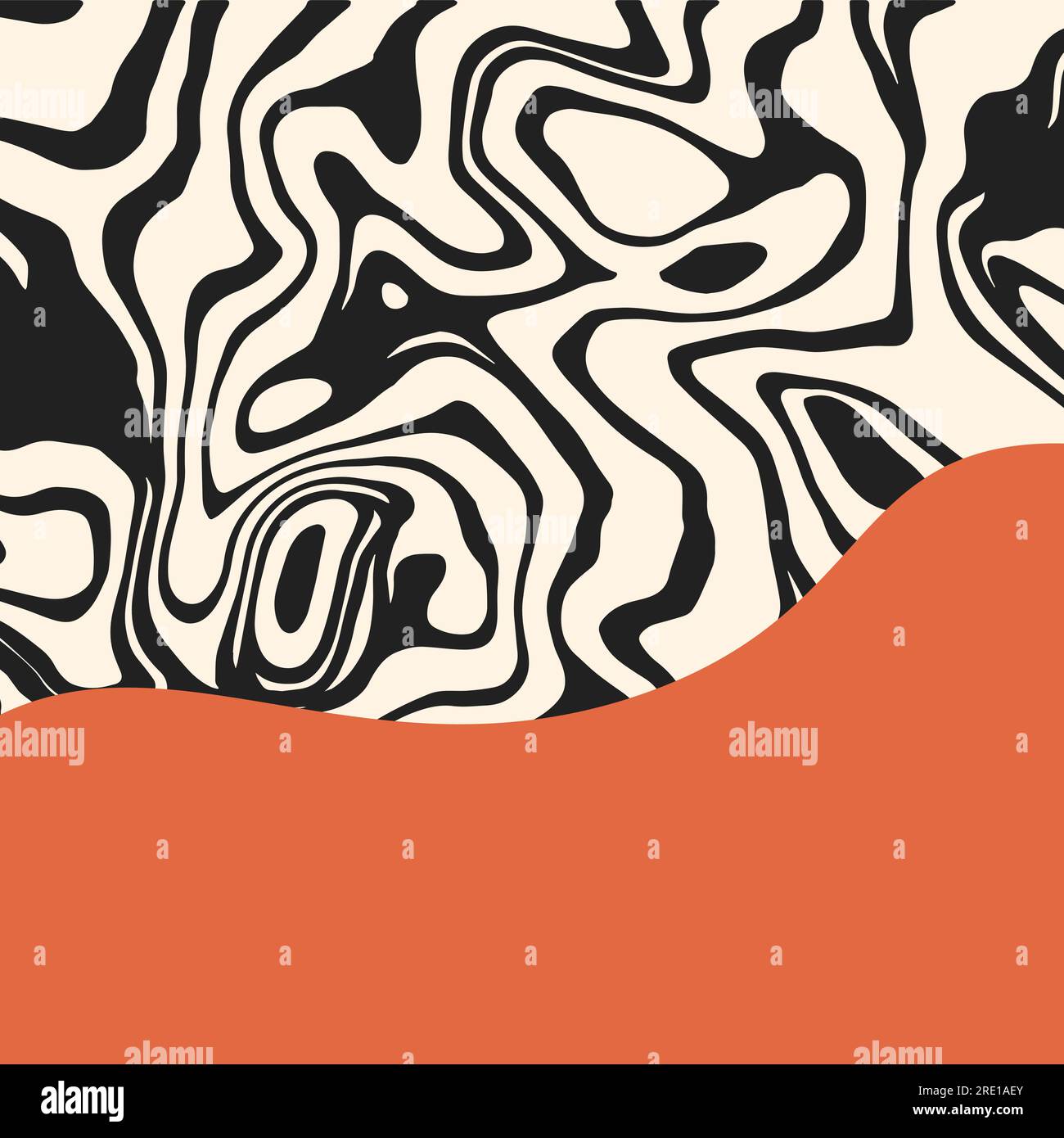 Abstrakter psychedelischer grooviger Hintergrund mit schwarzen Wellen und Kopierraum. Flüssige Marmorstruktur. Quadratisches Design für soziale Medien, Cover, Druck, Verkauf Stock Vektor