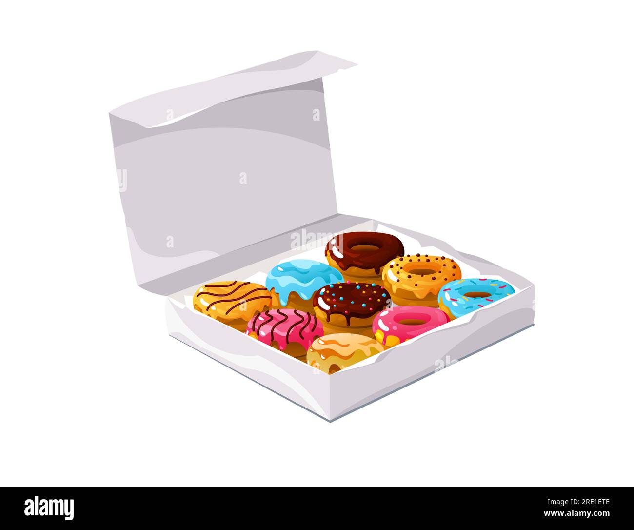 Donuts in der Schachtel. Süßer Snackteig in der Schachtel, Schokoladenteig in einer Papierschachtel mit Logo, leckeres glasiertes Dessert. Farbenfrohes Vektor-Set Stock Vektor