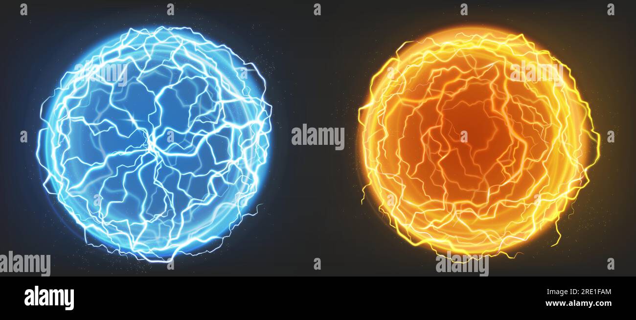 Elektrische Kugeln, Plasmapugeln, Blitzeinschläge in Blau und Orange. Leistungsstarke elektrische Entladung, magische Energie auf schwarzem Hintergrund isoliert, realistische 3D-Vektordarstellung Stock Vektor