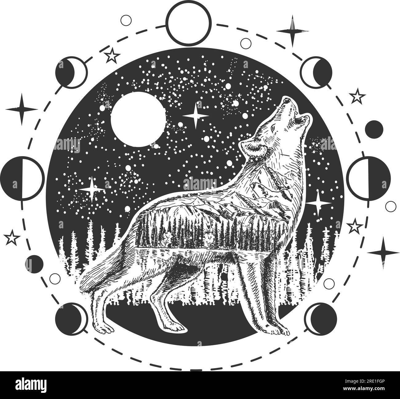 Silhouette eines Wolfs, der bei Vollmond heult, in der Nacht, mit wilden Tiermustern. Mystische Kunst, Emblem-Vektordarstellung isoliert auf weißem Hintergrund Stock Vektor