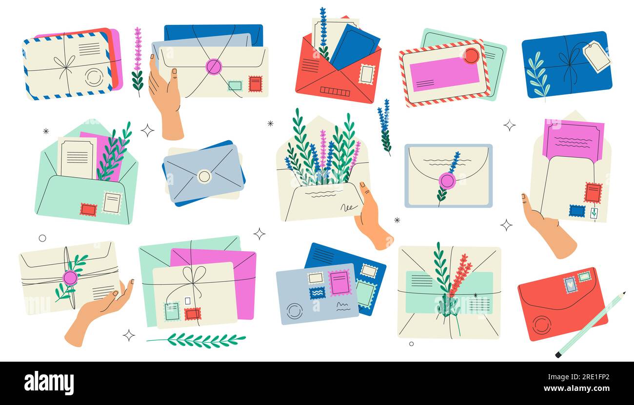 Cartoon-Briefumschläge. Handgeschriebene Briefe mit Briefmarken und Poststempel, altmodische Postkarten und Briefzustellung. Vektorsammlung Stock Vektor