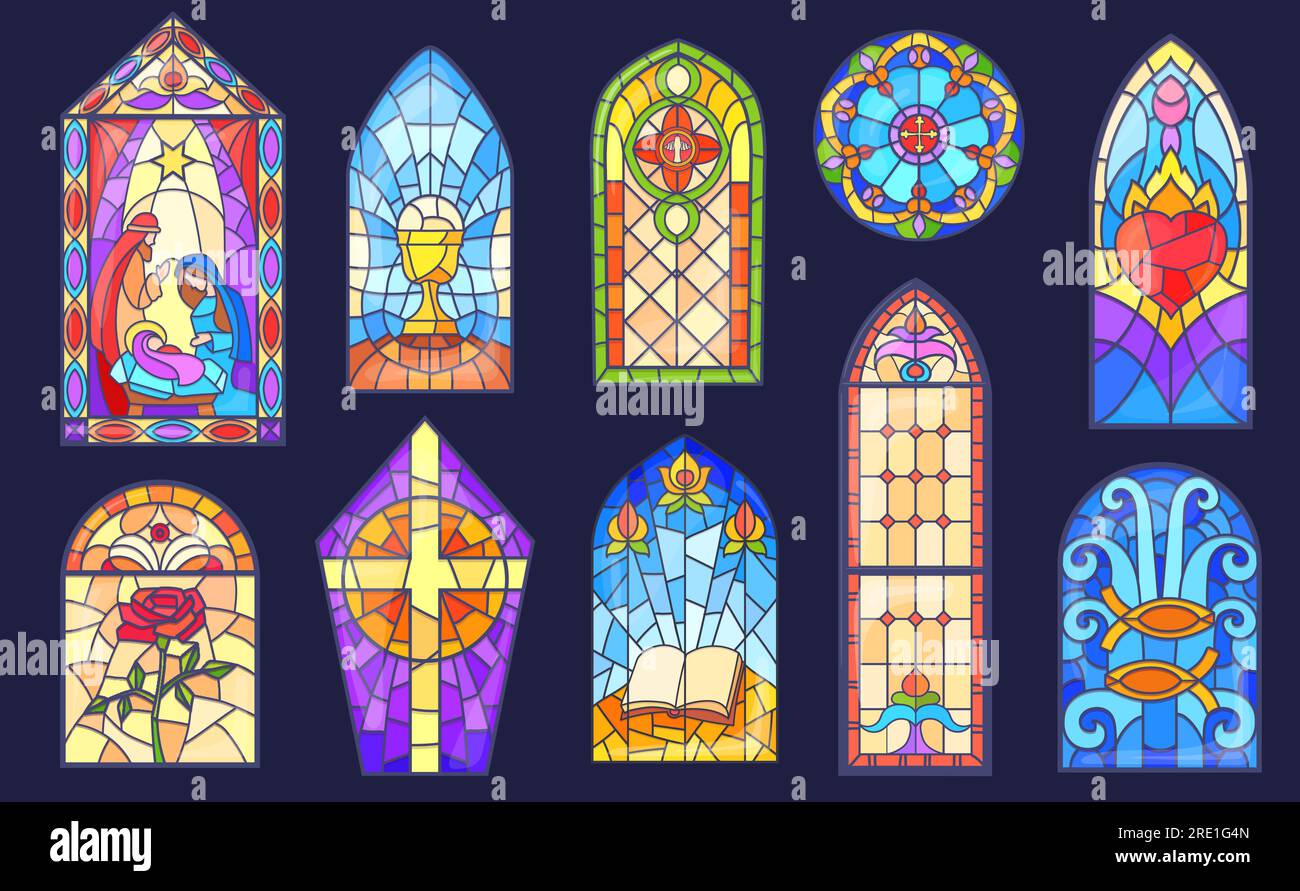 Cartoon-Buntglas. Wunderschöne fleckige Kirchenfenster umgeben christliche oder katholische religiöse Fenster, bunte Mosaikfenster mit weihnachtskathedrale Tempel Vektordarstellung alter christlicher Kathedralen Stock Vektor