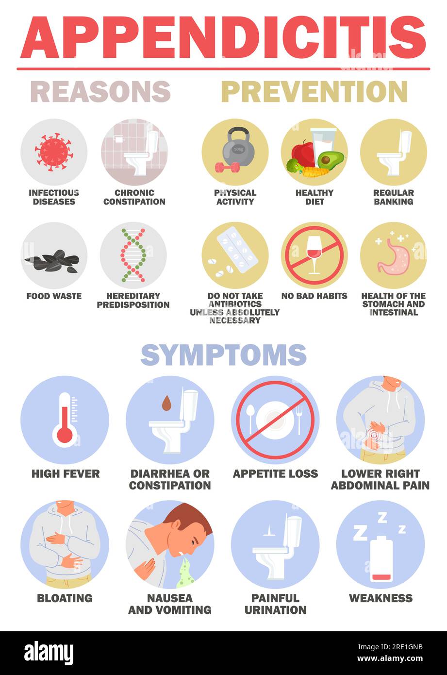 Appendizitis-Ursachen, Präventions- und Symptomatik-Infografik Stock Vektor