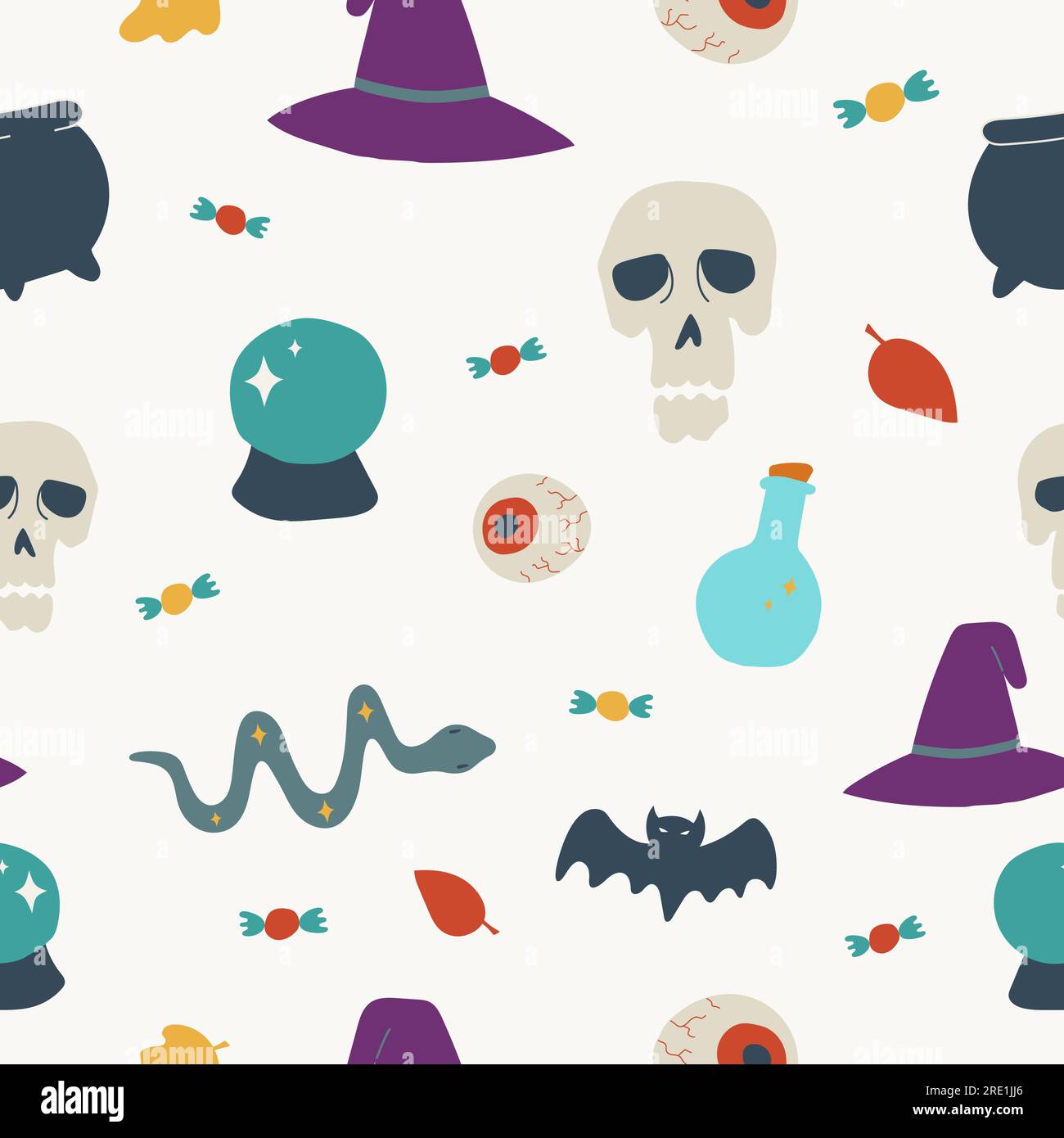 Zeitgenössische Vektorbilder zu Halloween mit nahtlosem Muster. Handgezeichnete, moderne, farbenfrohe Elemente mit Schädeln, Kolben, Schlange, Fledermaus und Stock Vektor