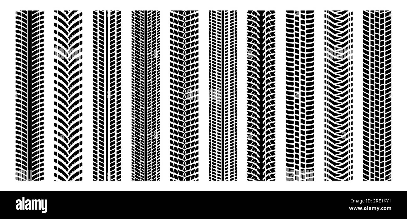Reifenspuren von Maschinen. Motorrad- und Autoreifen Spuren Spuren Spuren Spur, Schmutz Reifenspuren auf der Straße, Gummireifenspuren für Rennwagen und Fahrrad. Vektor isoliertes Set. Muster der Fahrbahn von Kraftfahrzeugen Stock Vektor