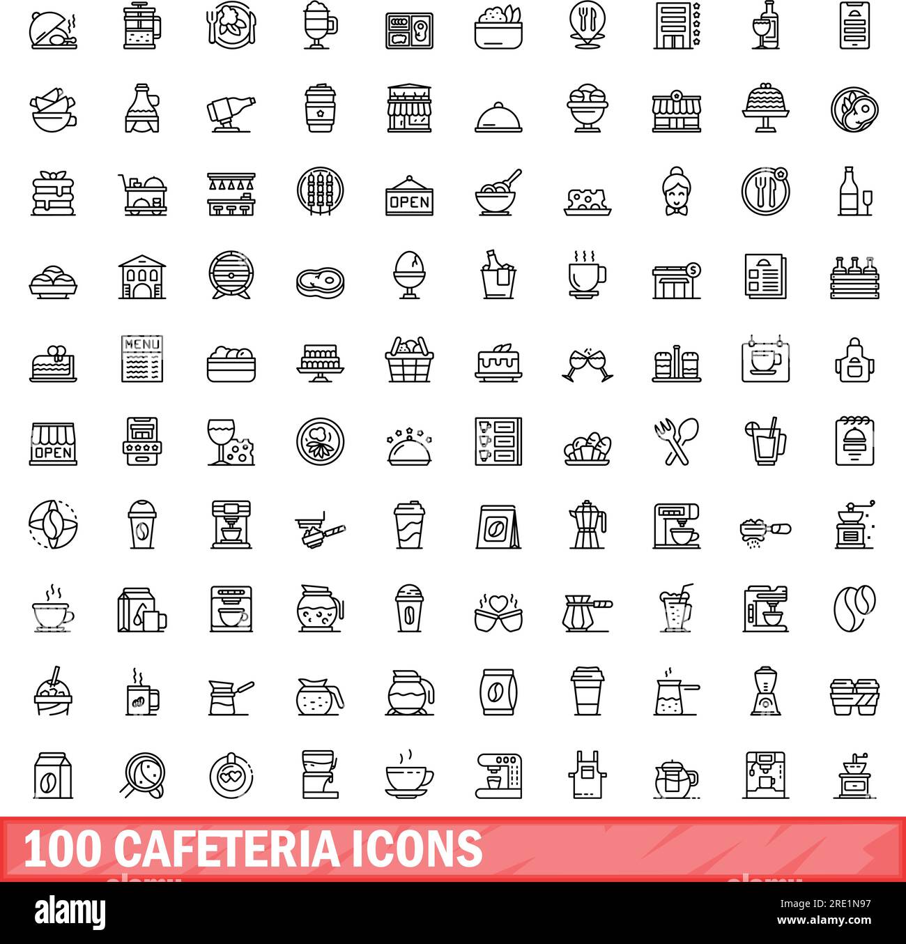 100 Cafeteria-Ikonen. Umrissdarstellung von 100 Cafeteria-Symbolen, Vektorsatz isoliert auf weißem Hintergrund Stock Vektor