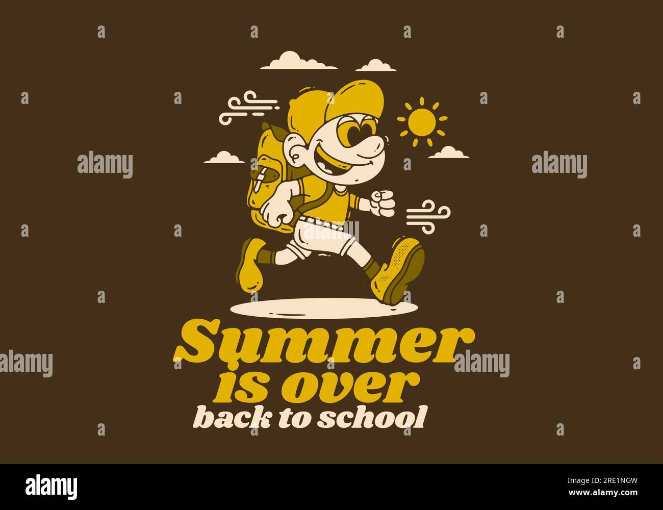 Zurück in die Schule, der Sommer ist vorbei, Maskottchen-Design eines Jungen mit Schultasche im Vintage-Stil Stock Vektor